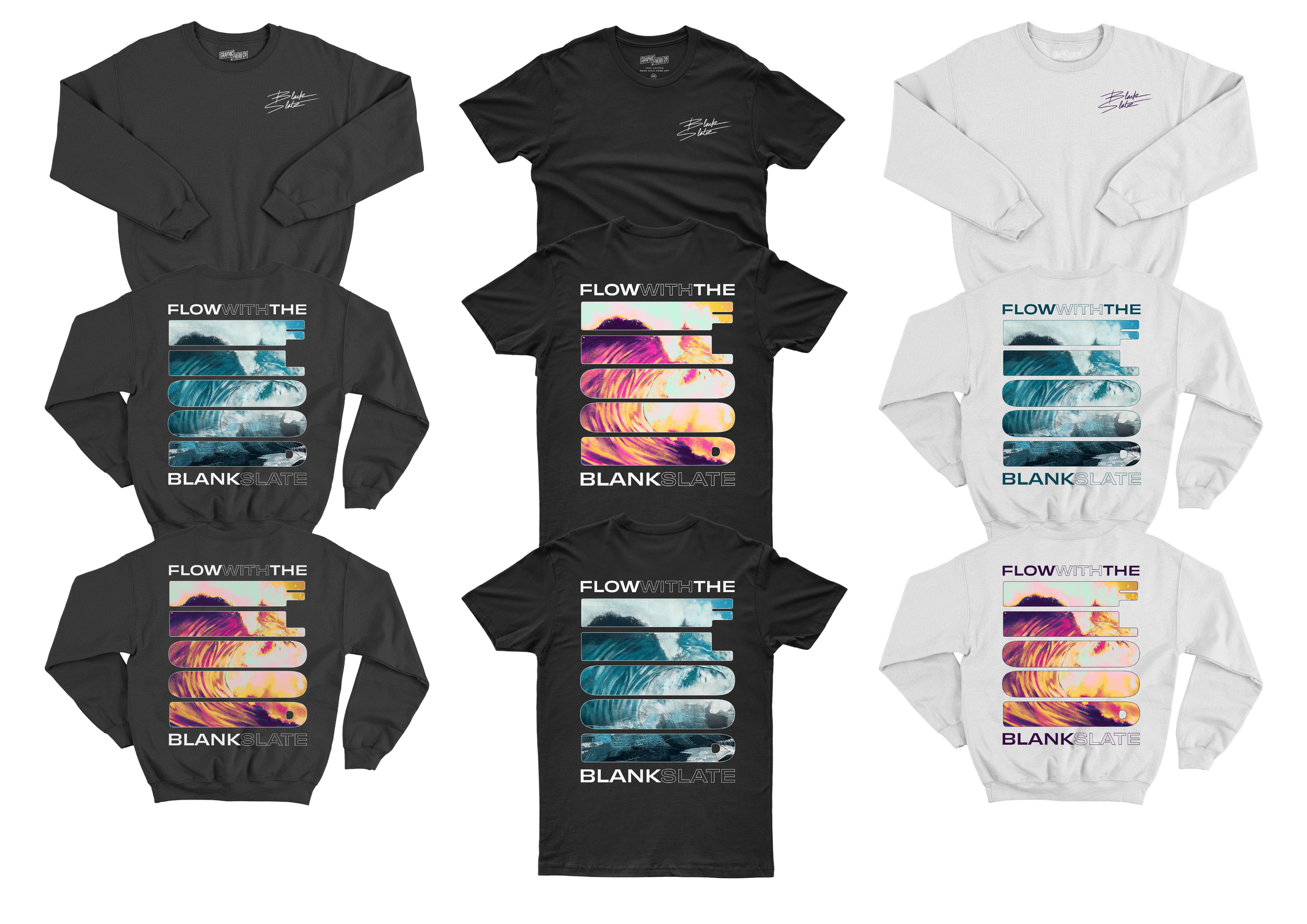 Blank Slate merch: Flow With The Flood tees and crewnecks